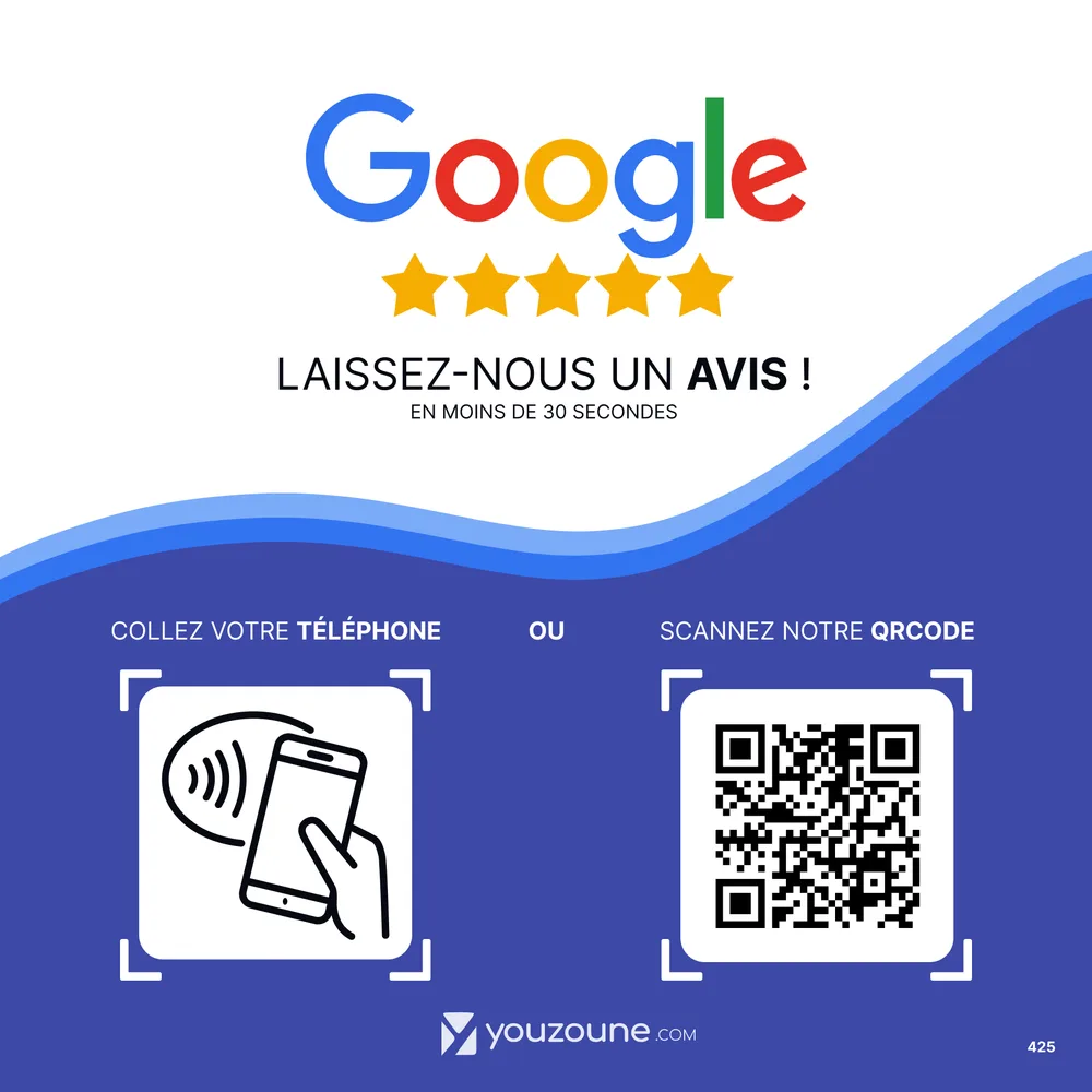 Plaque Youzplate Google « Laissez-nous un avis » avec zone NFC et QR code sur fond bleu